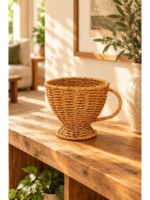 Atbyhome Doğal Hasır Rattan Kupa Formunda Ayaklı Sepet 15X13 cm - Kulplu Masa Üstü Ekmeklik ve Meyvelik