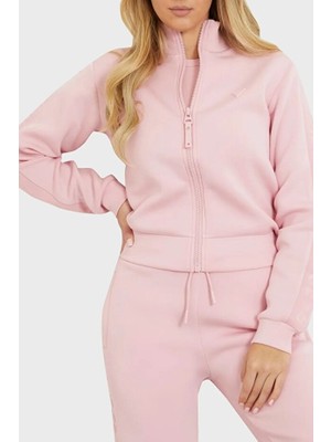 Guess Kadın Sweatshirt Fermuarlı Dik Yaka Eşofman Üstü Pamuklu Uzun Kollu Logolu Günlük Spor Pembe