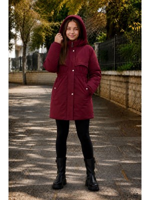 Cansın Mini Bordo Kız Çocuk Içi Peluş Kürklü Kapüşonlu Beli Lastikli Uzun Kesim Şişme Mont 24888