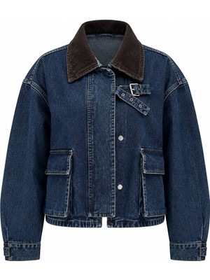 Laluvia Lacivert Yakası Kemerli Crop Denim Ceket - 1114