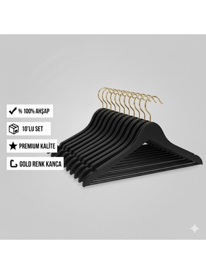 Duso Vernikli Ahşap Elbise ve Gömlek Askısı 10 Adet Kayın Ağacı Premium Askı Siyah - Gold Kanca