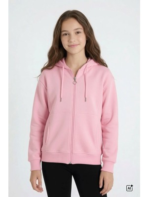 Cansın Mini Pembe Kız Çocuk Fermuarlı Kapüşonlu Basic Hırka Şardonlu 24671