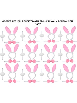 Go İthalat Pembe Tavşan Kostüm Seti – Taç, Papyon, Ponpon (12’li Paket) (5668)