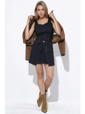 Hiccup Kadınlar Askılı Mini Denim Elbise Koyu Mavi Denim