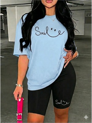 Woodroffe Kadın Smile Baskılı Oversize T-Shirt Tayt Takım Salaş Kombin Boyfriend