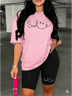 Woodroffe Kadın Smile Baskılı Oversize T-Shirt Tayt Takım Salaş Kombin Boyfriend