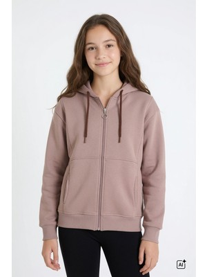 Cansın Mini Kahverengi Kız Çocuk Fermuarlı Kapüşonlu Basic Hırka Şardonlu 24672