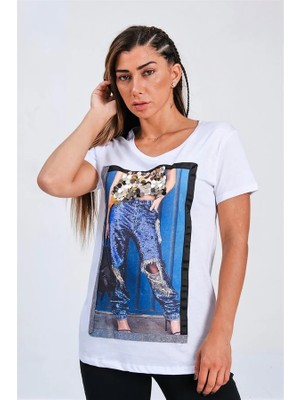 Ayessa Beyaz Baskılı Pul Işlemeli Sim Şeritli T-Shirt