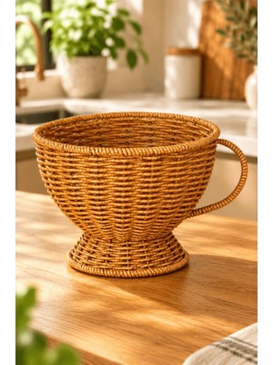 Atbyhome Büyük Boy Doğal Hasır Rattan Kupa Sepet 20X16 cm - Kulplu Ayaklı Masa Üstü Ekmeklik ve Meyvelik