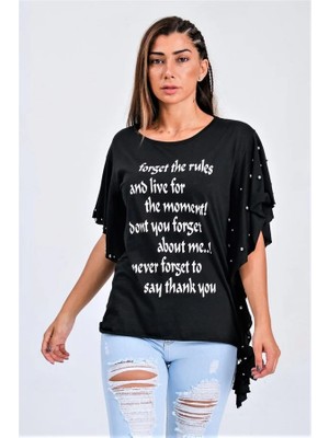 Ayessa Siyah Yarasa Kollu Yazılı Zımba Detaylı Bağlamalı T-Shirt