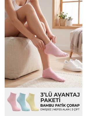 Lykos Kadın Pastel Renk Bambu Patik Çorap 3'lü Paket Dikişsiz Burun