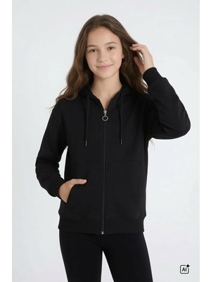 Cansın Mini Siyah Kız Çocuk Fermuarlı Kapüşonlu Basic Hırka Şardonlu 24670