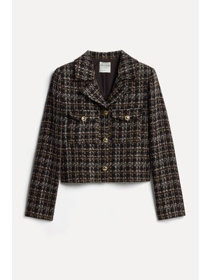 Mudo Kadın Kahverengi Tekstürlü Crop Blazer Ceket