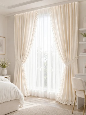 Luxoras Home 2 Kenar Fırfırlı Vintage Krem Keten Fon Perde - Kornişli, Fransız Bohem Country Tarzı, %100 Doğal, Bağcık Hediyeli (En x Boy)
