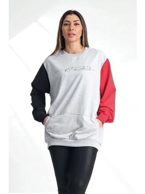 Ayessa Gri Kolları Garnili Kanguru Cepli Sweatshirt