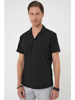 Efor Slim Fit Apaş Yaka Kısa Kollu Esnek Casual Siyah Gömlek  G 1589