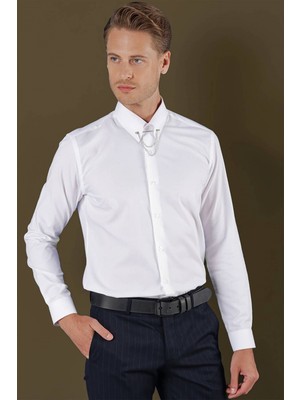 Efor Slim Fit %100 Pamuk Pitikare Dokulu Kravat Yaka Beyaz Gömlek GK 702
