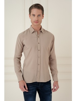 Efor Slim Fit %100 Modal Erkek Yaka Uzun Kol Bej Gömlek  GK 743