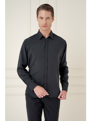 Efor Slim Fit %100 Modal Erkek Yaka Uzun Kol Siyah Gömlek  GK 743