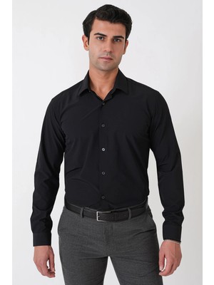 Efor Slim Fit Esnek Pamuklu Siyah Gömlek G 1607