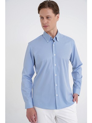 Efor Slim Fit Yaka Düğmeli Baskılı Pamuklu Mavi Gömlek G 1606