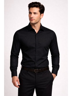 Efor Slim Fit İtalyan Yaka Pamuklu Düz Siyah Gömlek GK 762