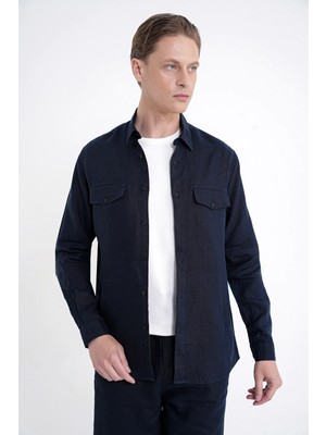 Efor Comfort Fit Yan Cepli %100 Keten Lacivert Gömlek Ceket G 1602