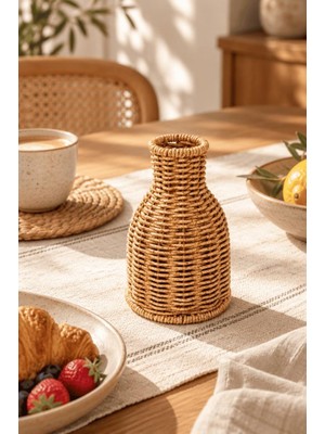Atbyhome Doğal Hasır Rattan Çiçek Vazosu 16 cm - Masa Üstü Dekoratif El Örgüsü Küçük Kuru Çiçeklik Vazo