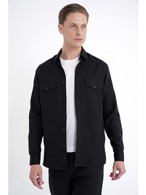 Efor Comfort Fit Yan Cepli %100 Keten Siyah Gömlek Ceket G 1602