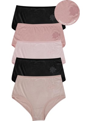 Dominant Kadın Çamaşır Fitilli Ribana  Renkli Yüksek Bel Bikini  Külot 5'li Paket