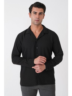 Efor Comfort Fit Apaş Yaka Katlanabilir Kollu Siyah Keten Gömlek G 1613