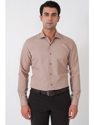 Efor Slim Fit Pamuk Saten Klasik Bej Gömlek Gk 604