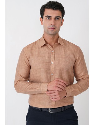 Efor Comfort Fit Spor Yaka Kolu Katlanabilir Caramel Keten Gömlek G 1612