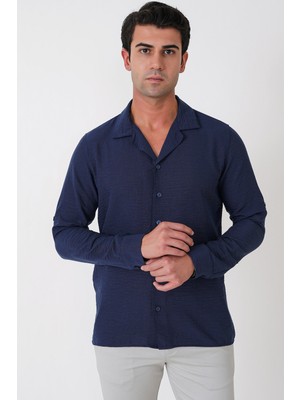 Efor Comfort Fit Apaş Yaka Katlanabilir Kollu Lacivert Keten Gömlek G 1613