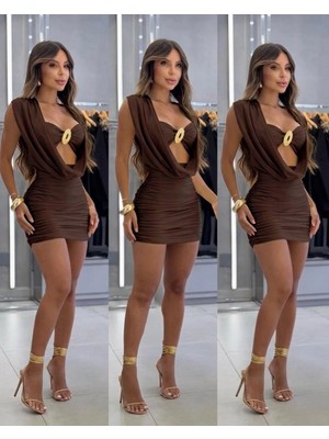 Degaje Yaka Crop Aksesuar Detay Büzgülü Mini Elbise