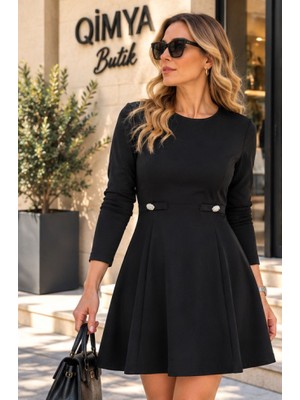 Qimya Butik Şans Life Kadın Önde Düğme Detaylı Bele Oturan Örne Kloş Uzun Kollu Kısa Elbise