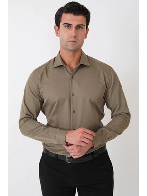 Efor Slim Fit Pamuk Saten Klasik Haki Gömlek Gk 604