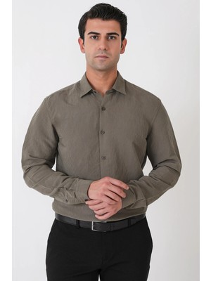 Efor Slim Fit Modal Kumaş Çizgili Dokuma Haki Gömlek G 1609