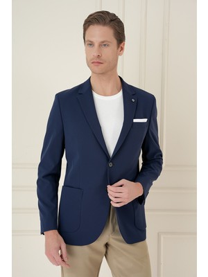 Efor Slim Fit Torba Cep Esnek Spandex Karışımlı Düz Lacivert Blazer Ceket C 696