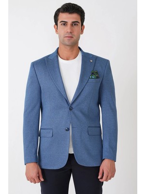 Efor Slim Fit Sivri Yaka Çift Yırtmaçlı Esnek Yünlü Indigo Ceket C 746