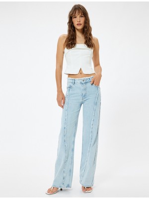 Koton Püsküllü Geniş Paça Kot Pantolon Cepli Asimetrik Dikiş Detaylı - Bianca Wide Leg Jeans