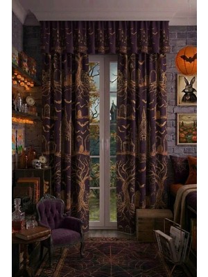  Cadılar Bayramı ( Halloween ) Konseptli  Farbelalı 2 Kanatlı Korniş Kısa Fon Perde Modern