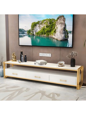 Ktv-01 Modern Dikdörtgen Tv Sehpası Mermer 3 Çekmeceli Açık Raflı