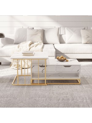 SHP7762 Modern Beyaz Ikili Zigon Sehpa Metal Orta Sehpa