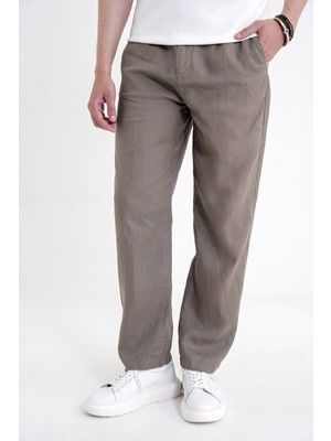 Efor Oversize Kalıp Yan Cep Beli Lastikli Haki Keten Pantolon P 1216