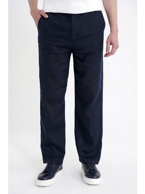 Efor Oversize Kalıp Yan Cep Beli Lastikli Lacivert Keten Pantolon P 1216