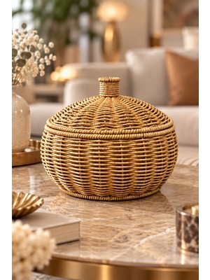 Nokka Hasır Rattan Kapaklı Dekoratif Sepet – Düzenleyici ve Sunum Sepeti Küçük Boy 24X17 cm
