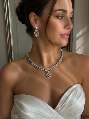 Owentis Royal Marquise Pear Pırlanta Kesim Full Zirkon Taşlı Premium Gelin Seti -Kolye ve Küpe- Gümüş