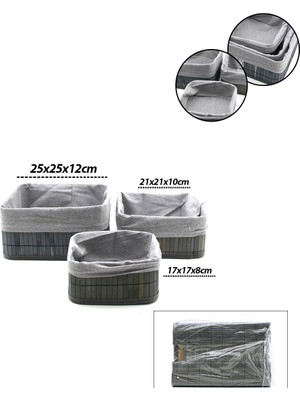 Efnaz Style Gri 3 Boy Kare Bambu Kenar Organizer Sepet Ahşap Altlık - Bezli 17X21X25CM
