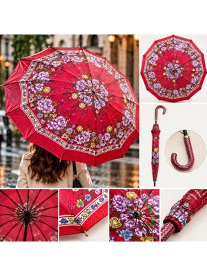 Yelay Home 16 Telli Fiber Çiçek Desenli Rüzgara Dahanıklı Sağlam Iskeletli Baston Şemsiye - Otomatik